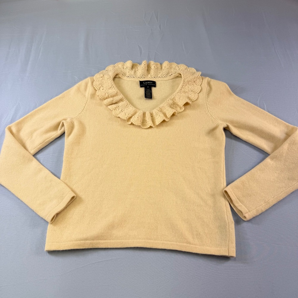 Lauren Ralph Lauren Yellow Merino Wool Angora Cashmere Ruffle V-Neck Sweater M